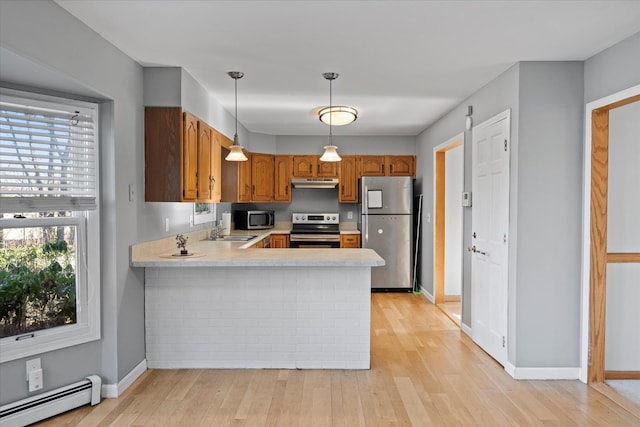 kitchen featuring baseboard heating, stainless steel appliances, sink, kitchen peninsula, and light hardwood / wood-style flooring