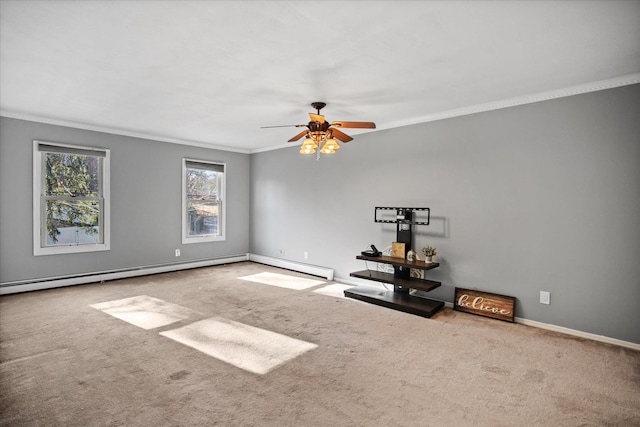 unfurnished room with carpet floors, ceiling fan, and crown molding