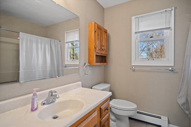 bathroom featuring baseboard heating, tile patterned floors, vanity, toilet, and a shower with shower curtain