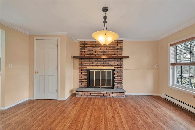 unfurnished living room featuring baseboard heating, a brick fireplace, ornamental molding, and wood-type flooring