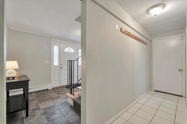 entrance foyer with baseboard heating and crown molding