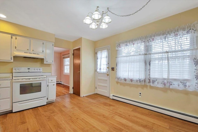 kitchen featuring electric stove, a baseboard heating unit, a notable chandelier, and white cabinetry