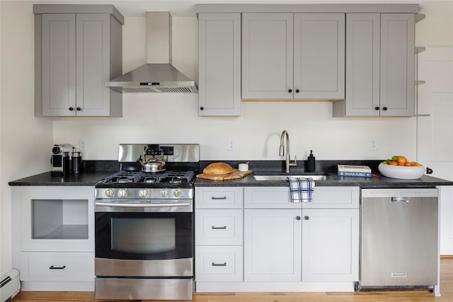 kitchen featuring a baseboard heating unit, appliances with stainless steel finishes, gray cabinetry, wall chimney exhaust hood, and sink