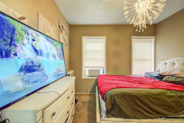 carpeted bedroom with an inviting chandelier and cooling unit