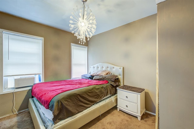 bedroom with light colored carpet, cooling unit, and a notable chandelier