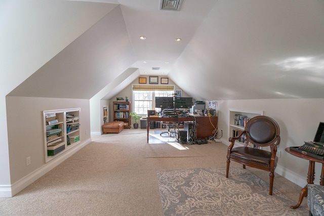 carpeted home office with lofted ceiling, recessed lighting, baseboards, and visible vents