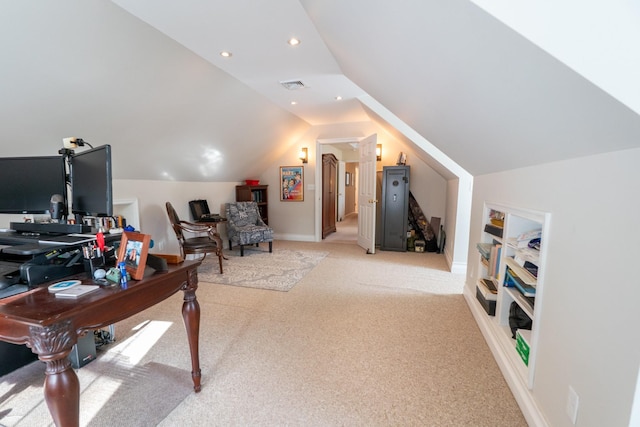 office area with visible vents, baseboards, lofted ceiling, recessed lighting, and light colored carpet