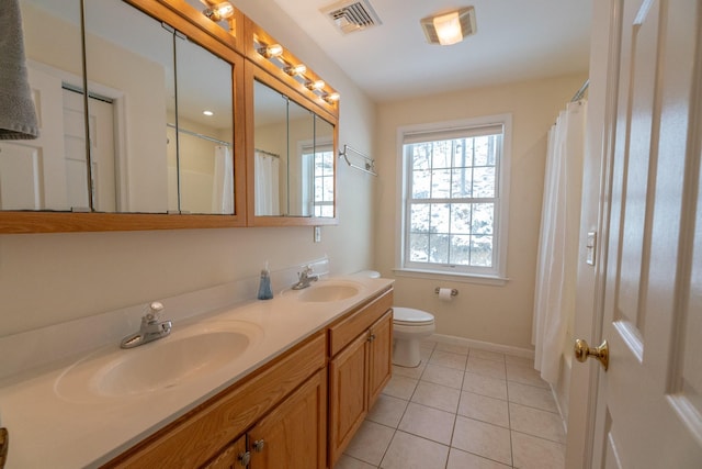 bathroom with tile patterned floors, visible vents, toilet, and a sink