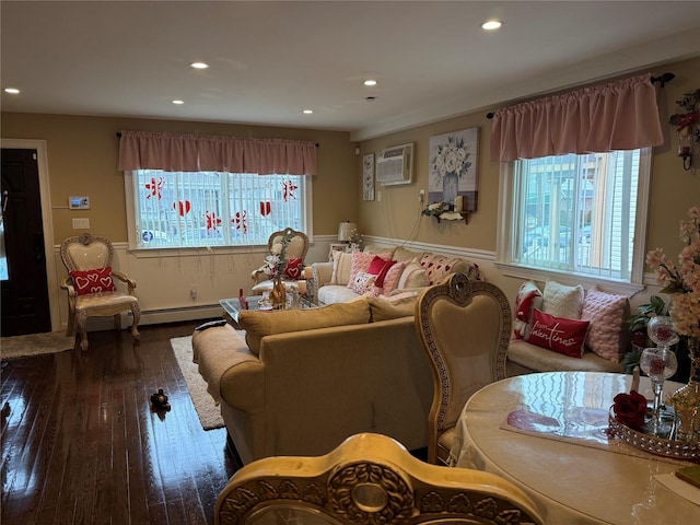 living room featuring an AC wall unit, baseboard heating, and dark hardwood / wood-style flooring