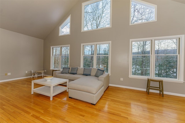 living room with a healthy amount of sunlight, light wood-type flooring, and a high ceiling