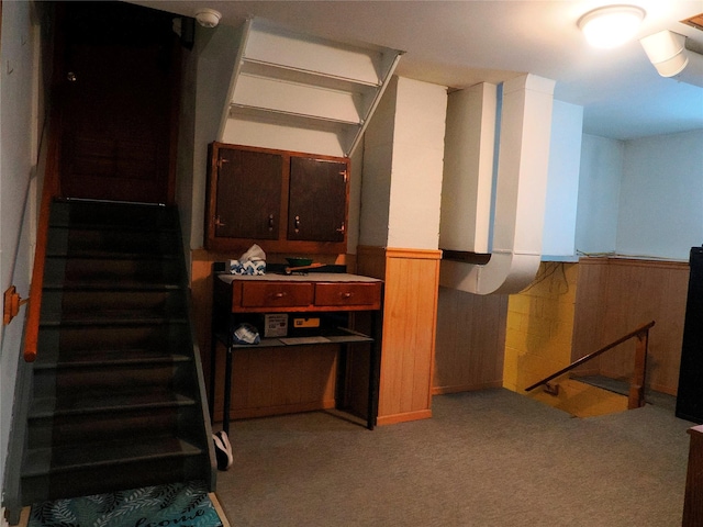 stairs with carpet flooring, wooden walls, and a wainscoted wall