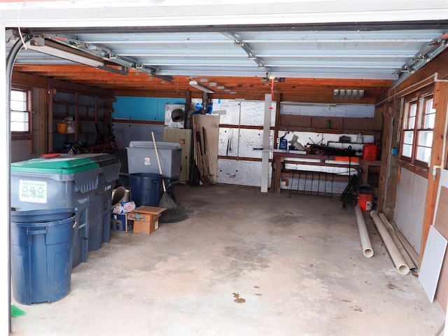 garage with a workshop area