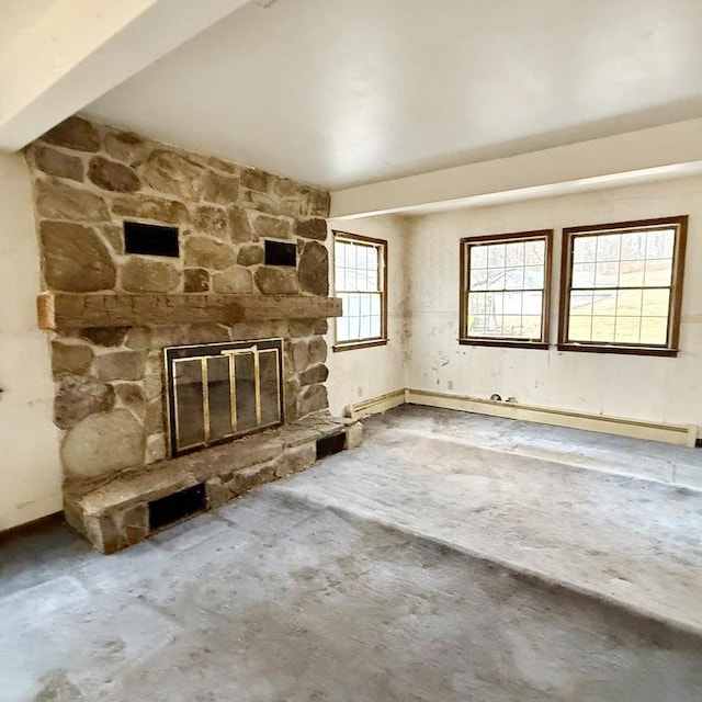 unfurnished living room with a baseboard heating unit and a fireplace