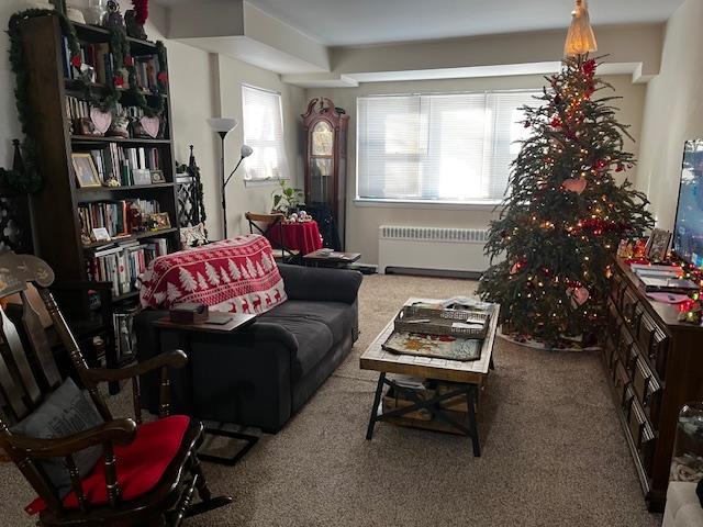 carpeted living room featuring radiator