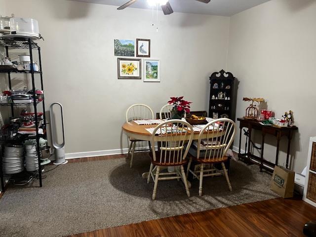 dining room with ceiling fan and wood-type flooring