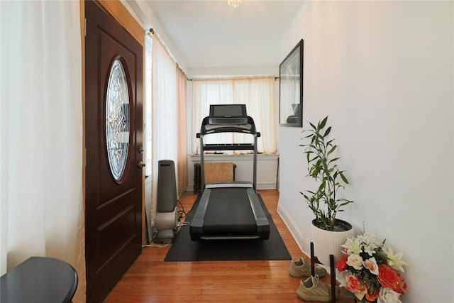 exercise room with wood-type flooring