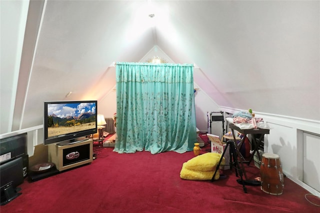 game room featuring carpet flooring and lofted ceiling