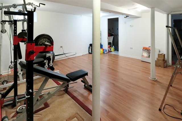 workout room featuring light hardwood / wood-style flooring