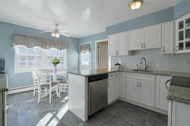 kitchen with baseboard heating, white cabinetry, sink, and stainless steel dishwasher