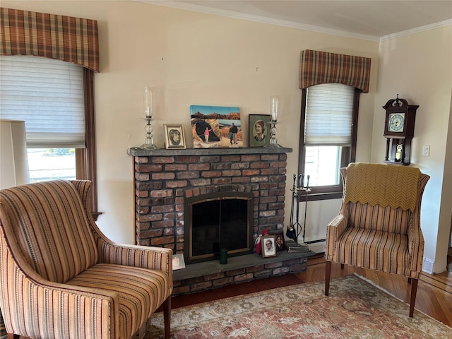 sitting room with ornamental molding, a fireplace, hardwood / wood-style floors, and a wealth of natural light