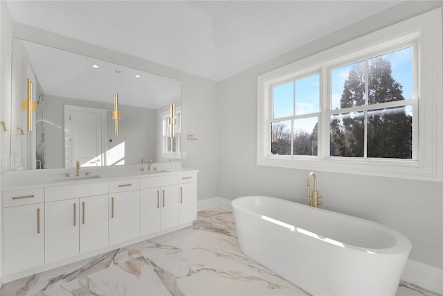 bathroom with vanity, a tub, and a healthy amount of sunlight