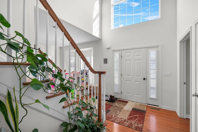 foyer with hardwood / wood-style floors, a high ceiling, and a wealth of natural light