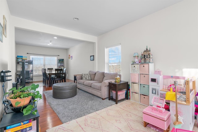 living room with a wealth of natural light and wood-type flooring