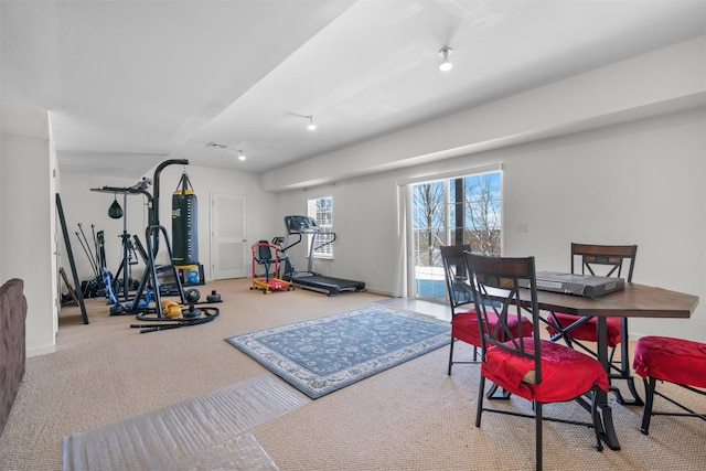 workout area featuring light carpet