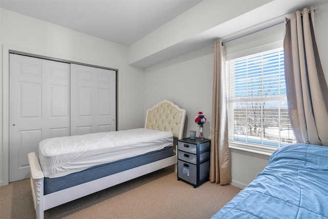 bedroom featuring multiple windows, a closet, and light carpet