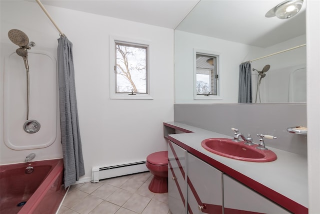 full bathroom featuring tile patterned flooring, a baseboard heating unit, a wealth of natural light, and toilet