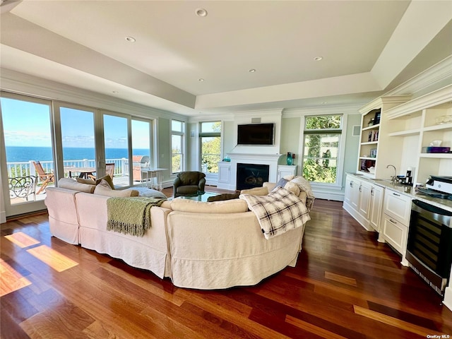 living room with dark wood-type flooring, a tray ceiling, built in features, and a water view