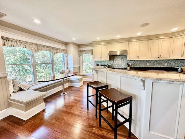 kitchen with cream cabinetry, a breakfast bar area, dark hardwood / wood-style flooring, and light stone counters