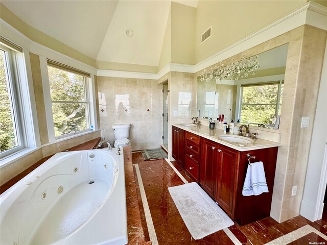 bathroom featuring a tub, plenty of natural light, tile walls, and vanity