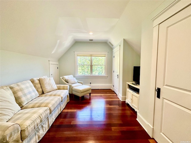 living room featuring dark hardwood / wood-style floors and lofted ceiling