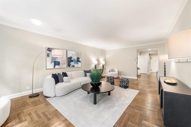 living room with ornamental molding and parquet floors