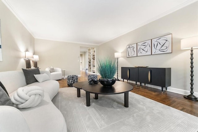 living room featuring parquet floors and crown molding