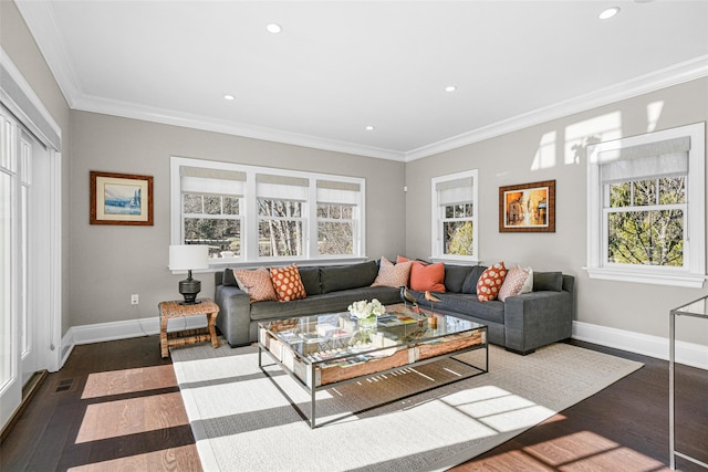 living room with baseboards, dark wood-style flooring, and ornamental molding