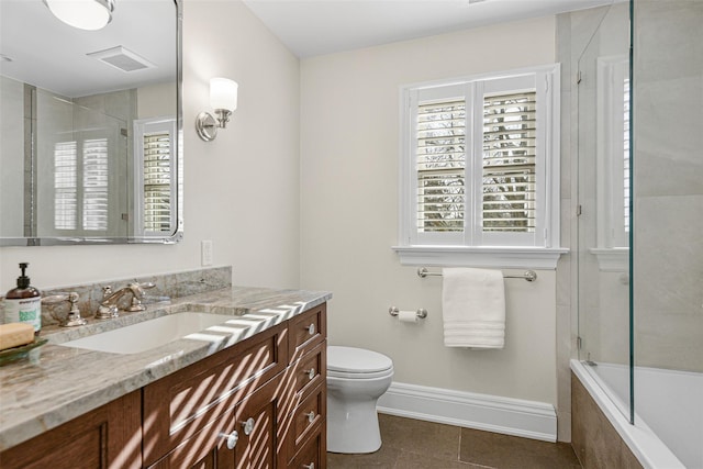 bathroom with visible vents, toilet, tile patterned flooring, baseboards, and vanity