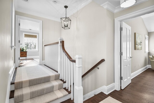 stairs featuring visible vents, baseboards, wood finished floors, and crown molding