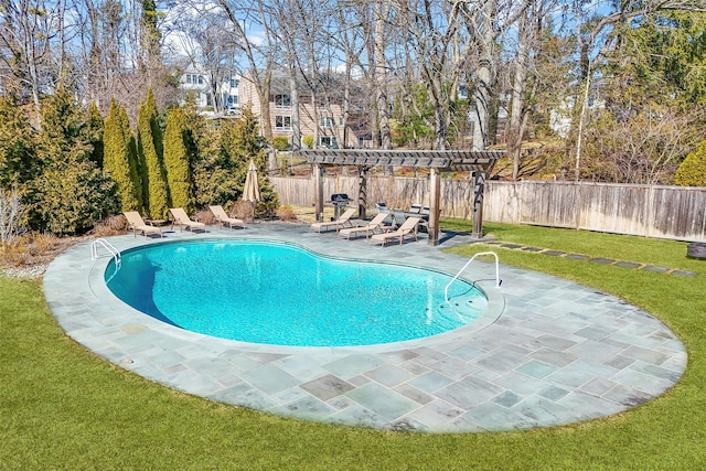 view of pool with a pergola, a fenced backyard, a yard, a fenced in pool, and a patio area