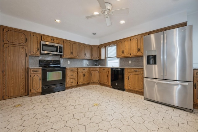 kitchen featuring black appliances, ceiling fan, and decorative backsplash