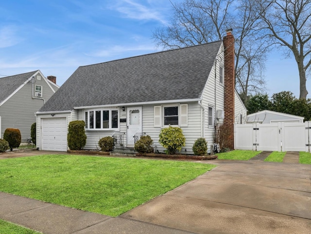 cape cod house featuring a front lawn and a garage