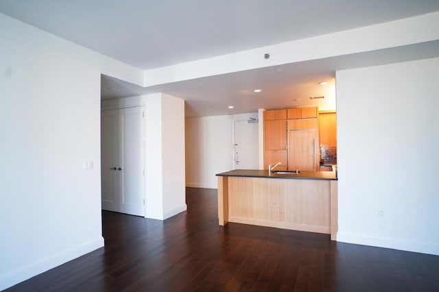 kitchen featuring sink, dark hardwood / wood-style floors, paneled built in fridge, light brown cabinetry, and decorative backsplash