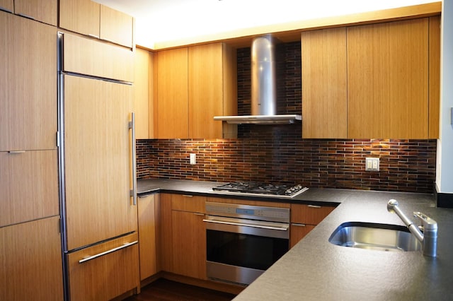 kitchen featuring wall chimney exhaust hood, appliances with stainless steel finishes, sink, and backsplash