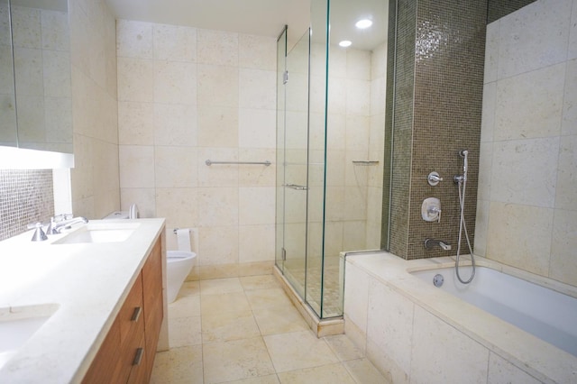 full bathroom featuring independent shower and bath, tile walls, tile patterned flooring, vanity, and toilet