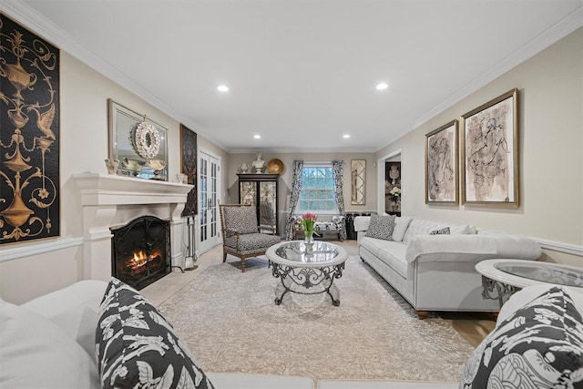 living room with crown molding