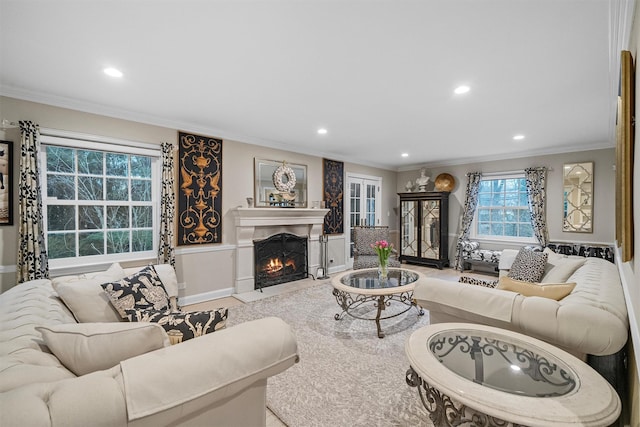 living room featuring crown molding