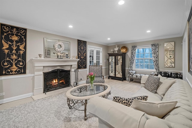 living room with wood-type flooring and crown molding