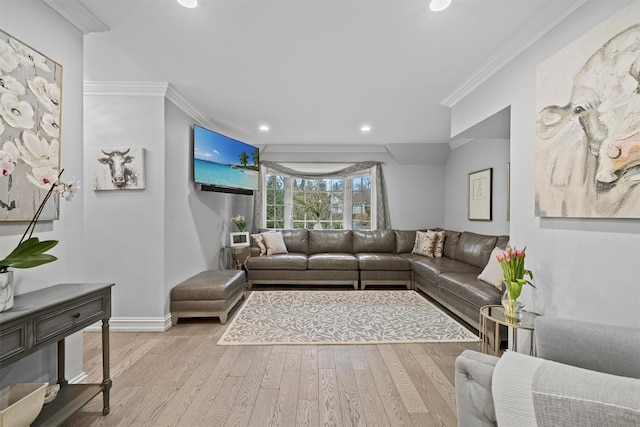 living room featuring ornamental molding and light hardwood / wood-style floors