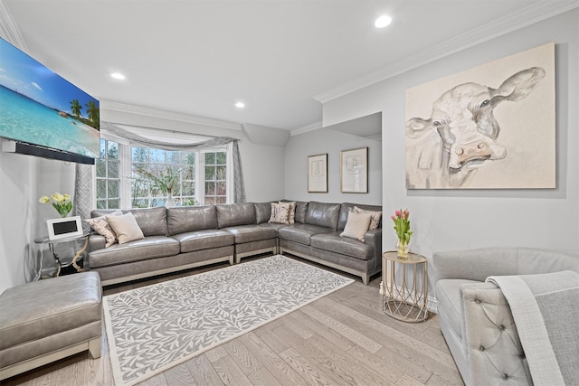 living room featuring ornamental molding and light hardwood / wood-style floors